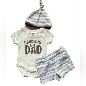 NWOT 3M Baby Boy 3-Piece Outfit Set “Handsome Like Dad” Bodysuit Shorts Knot Hat